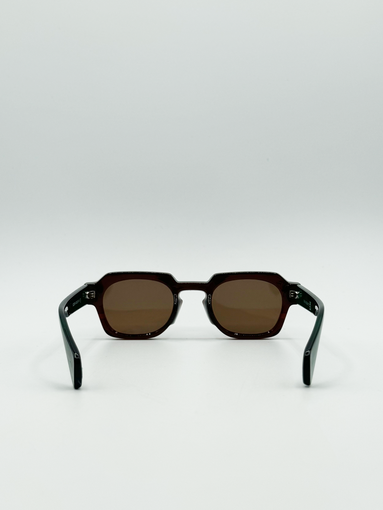 Angular Wayfarer Style Sunglasses in Brown with Green Arms