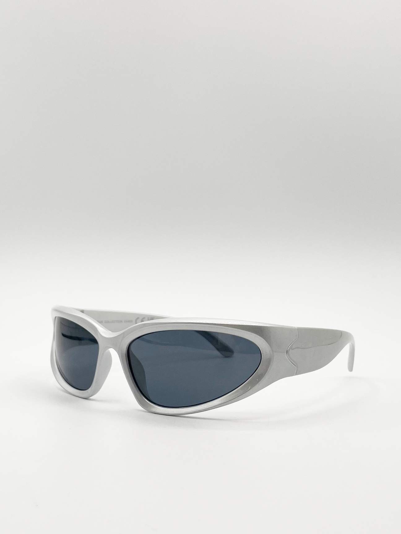Silver Racer Style Plastic Frame Sunglasses with Black Lenses