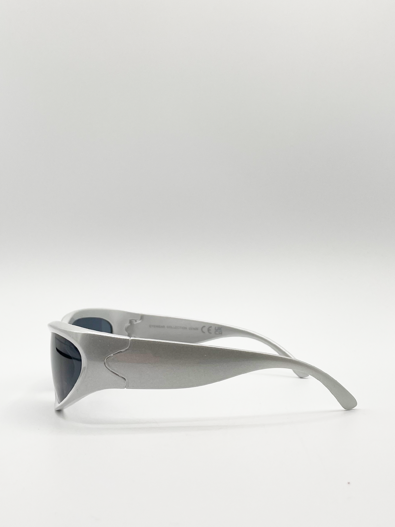 Silver Racer Style Plastic Frame Sunglasses with Black Lenses