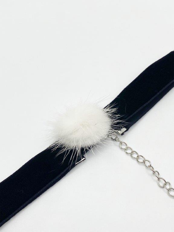 Black Faux Velvet Band Choker Necklace With White Pom Pom