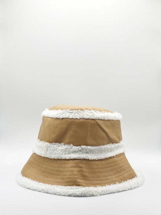 Tan/ Cream Reversible Bucket Hat In PU & Borg
