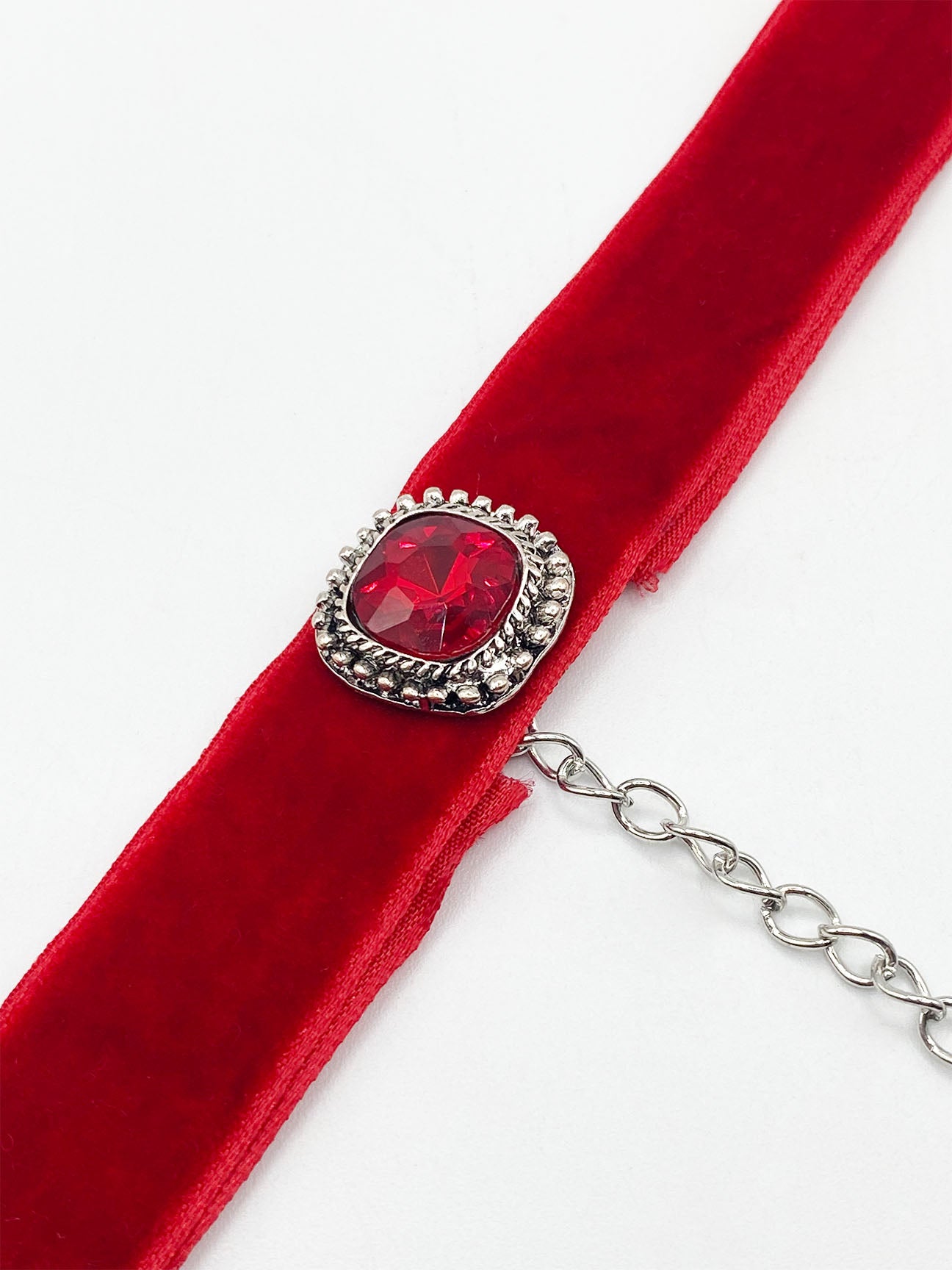 Red Faux Velvet Choker Necklace with Red Jewel