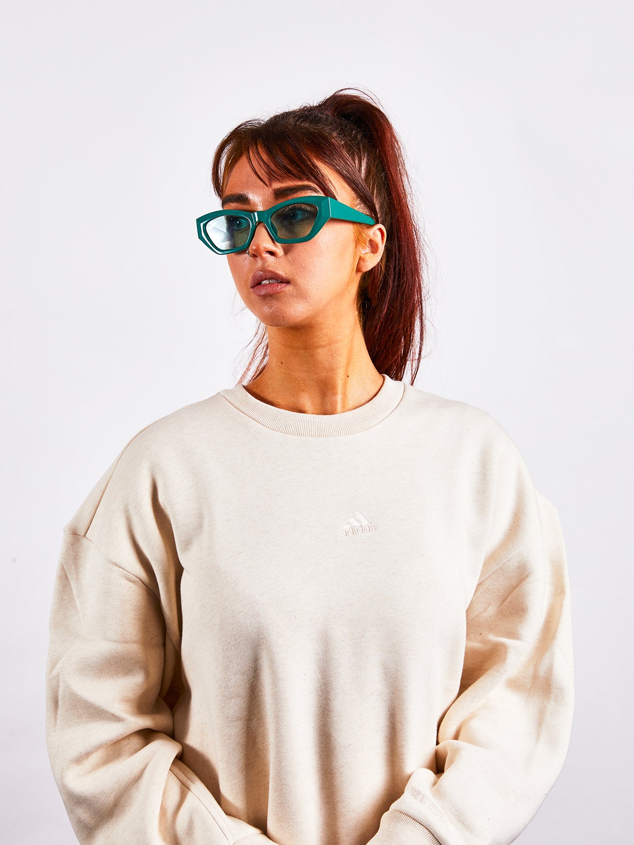 Green Angular Cat Eye Ssugnlasses with Green Lenses