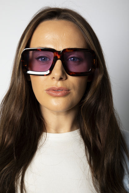 Oversized Square Frame in Brown Tortoiseshell with Purple Lenses