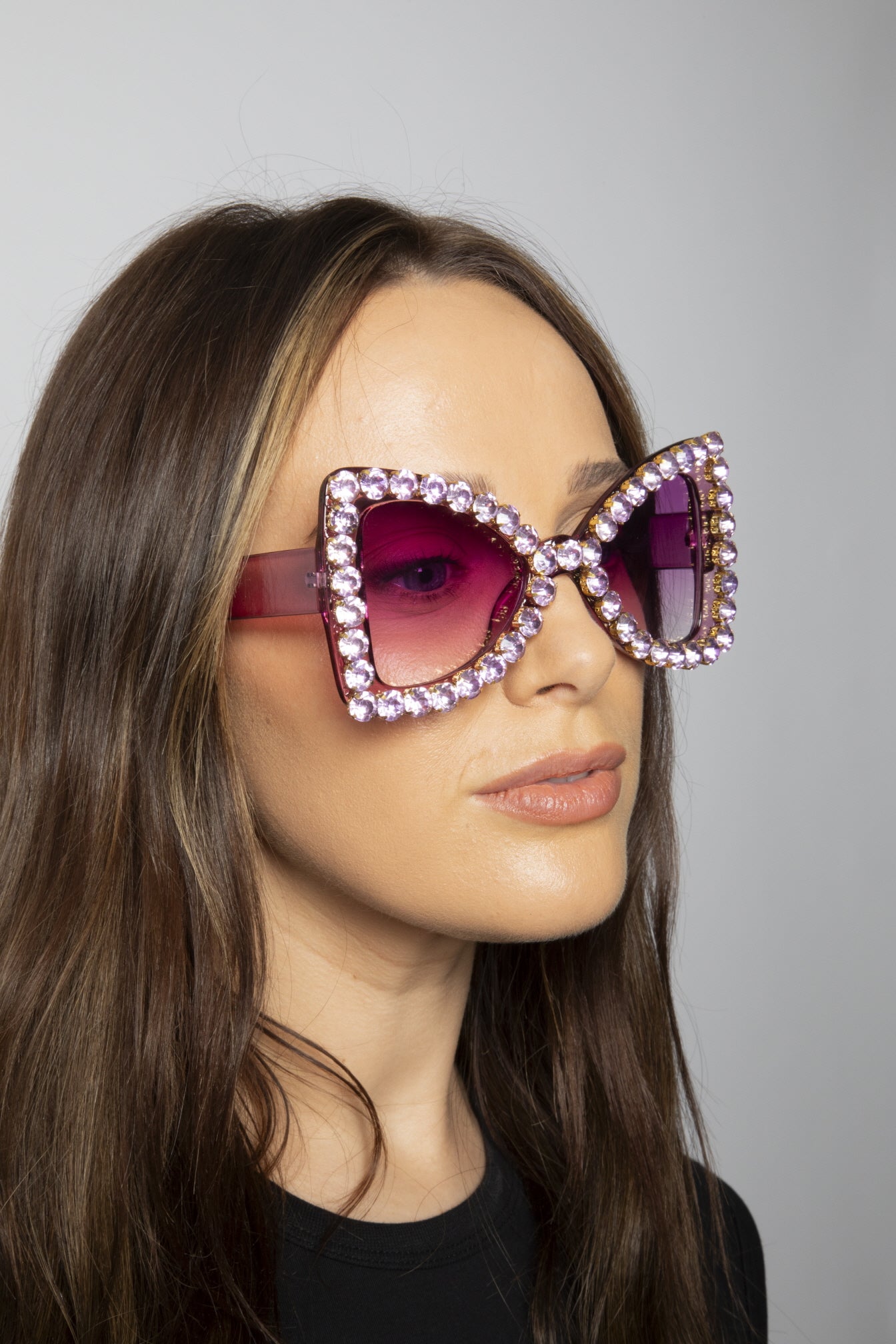 Oversized Triangular Crystal Gem Sunglasses in Purple