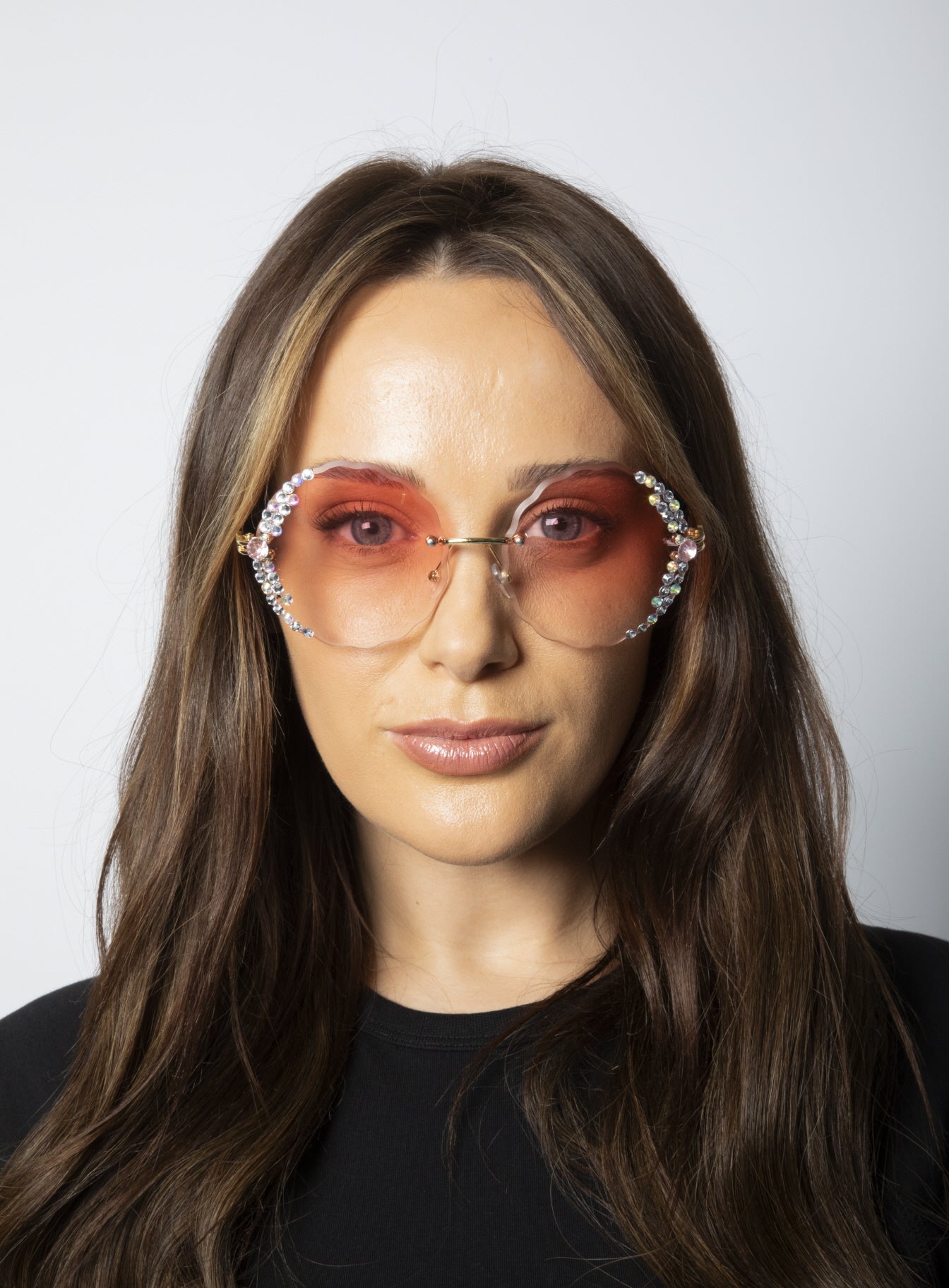 Oversized Round Frameless Sunglasses with Crystal Detail in Pink