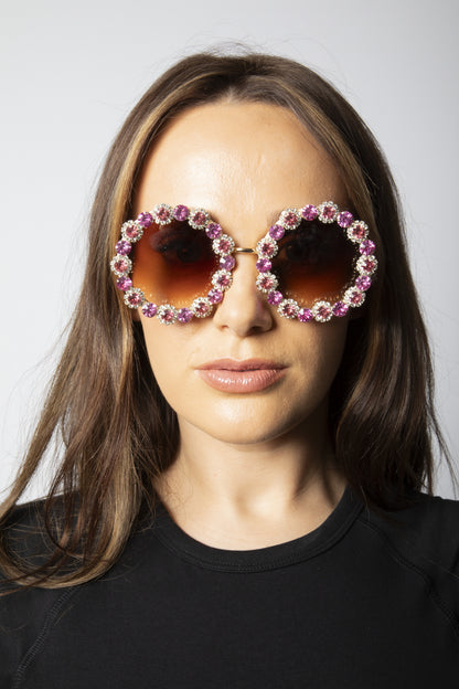 Round Floral Crystal Gem Sunglasses in Pink