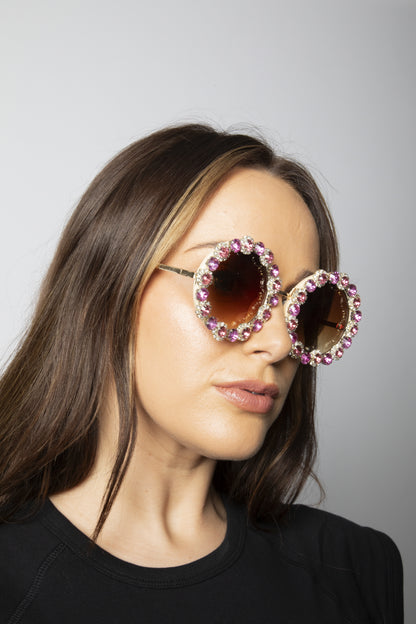 Round Floral Crystal Gem Sunglasses in Pink