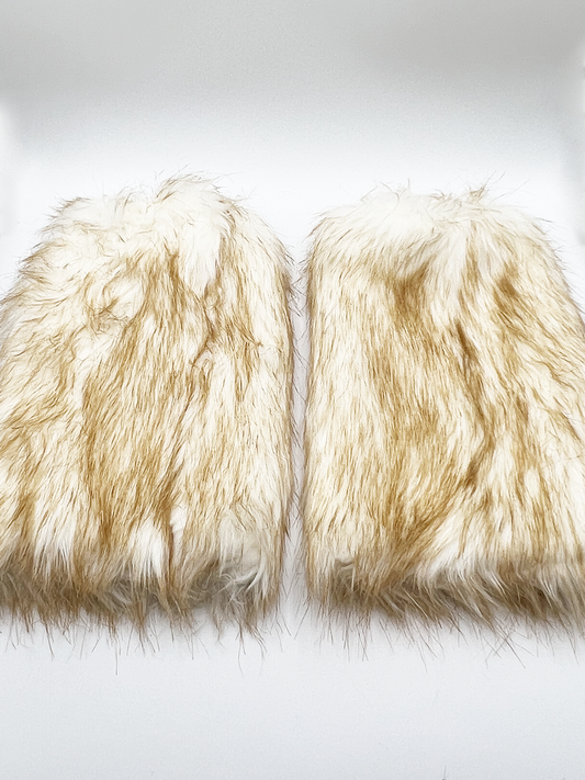 Faux Fur Leg Warmers Beige and White
