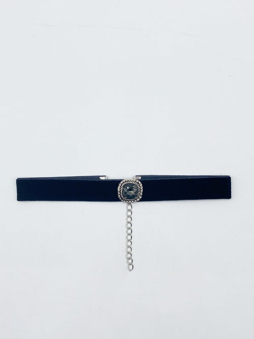 Black Faux Velvet Choker Necklace with Grey Jewel