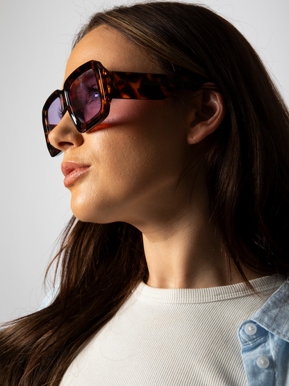 Oversized Square Frame in Brown Tortoiseshell with Purple Lenses