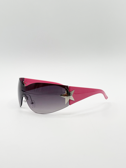 Wrap Around Racer Sunglasses with Star Hinge Detail in Pink