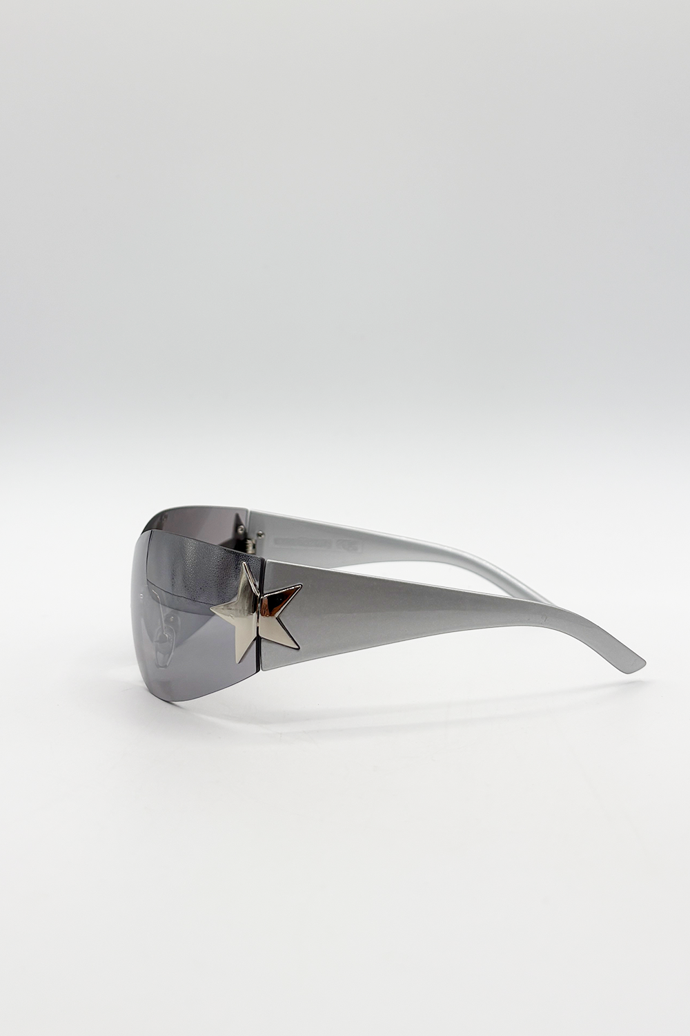 Wrap Around Racer Sunglasses with Star Hinge Detail in Silver