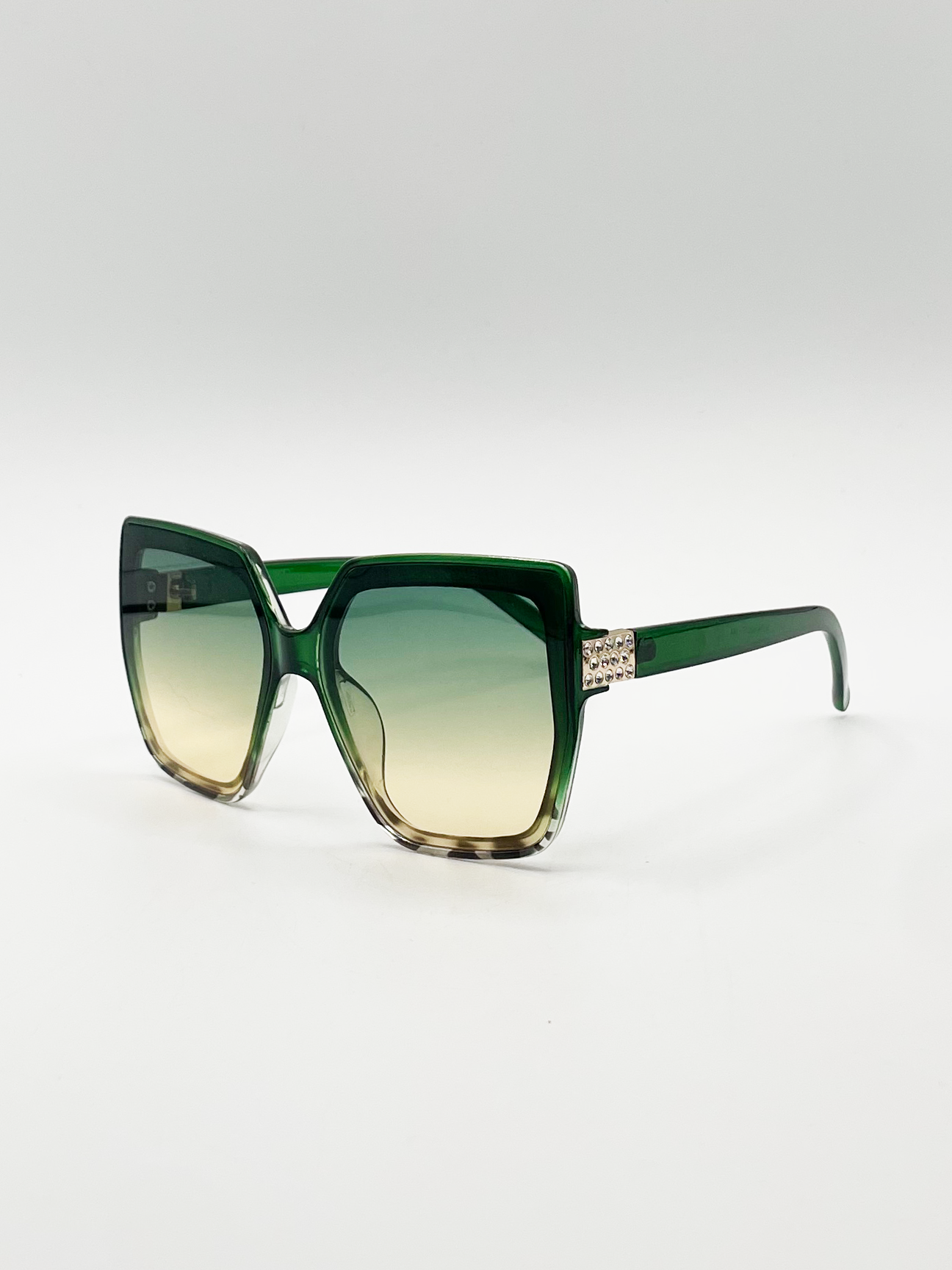 Oversize Cateye Sunglasses with Diamante Detail in Green