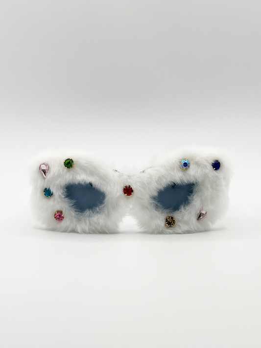 Faux Fur Cateye Sunglasses with Multicoloured Gems