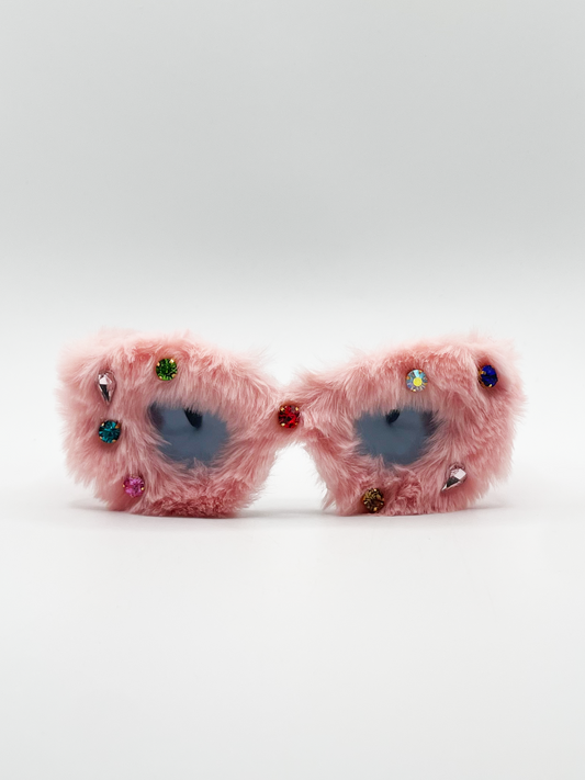 Faux fur Cateye Sunglasses with multicoloured Gems in Pink