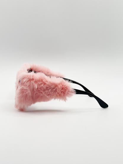 Faux fur Cateye Sunglasses with multicoloured Gems in Pink