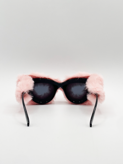 Faux fur Cateye Sunglasses with multicoloured Gems in Pink