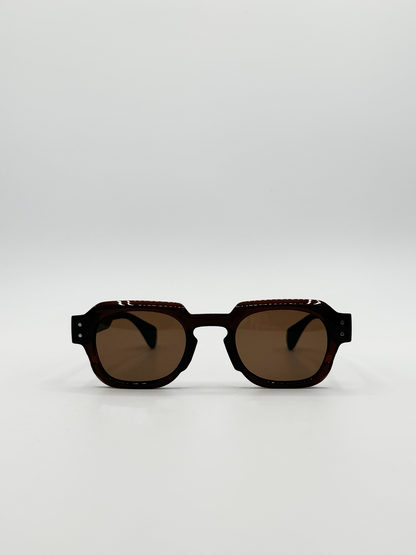 Angular Wayfarer Style Sunglasses in Brown with Green Arms