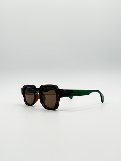 Angular Wayfarer Style Sunglasses in Brown with Green Arms