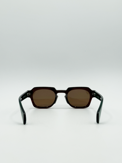 Angular Wayfarer Style Sunglasses in Brown with Green Arms