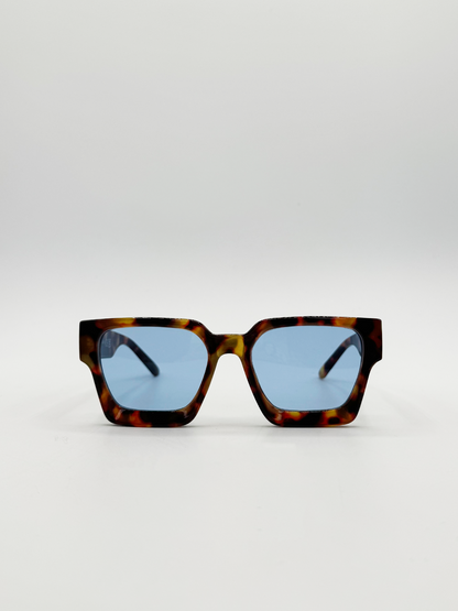 Chunky Oversize square Sunglasses in Tortoiseshell with Blue Lenses