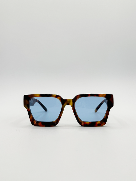 Chunky Oversize square Sunglasses in Tortoiseshell with Blue Lenses
