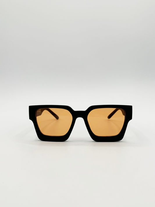 Chunky Oversize square Sunglasses in Black with Orange Lenses
