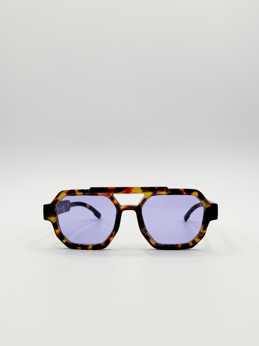 Angular Navigator style sunglasses in leopard print with Purple Lenses
