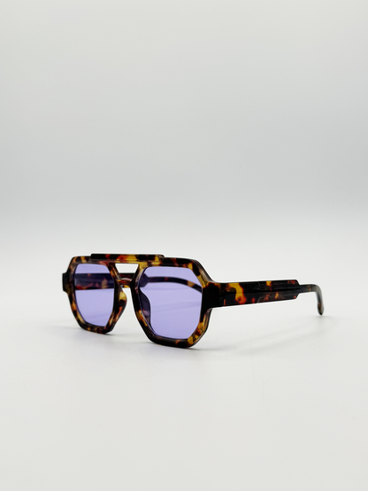 Angular Navigator style sunglasses in leopard print with Purple Lenses