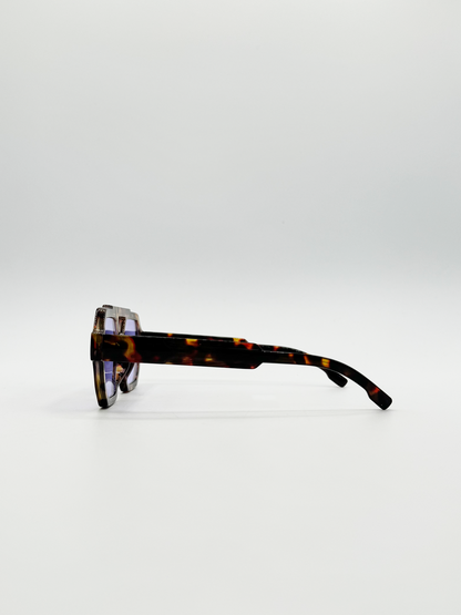 Angular Navigator style sunglasses in leopard print with Purple Lenses