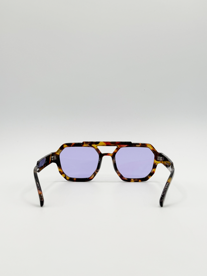 Angular Navigator style sunglasses in leopard print with Purple Lenses