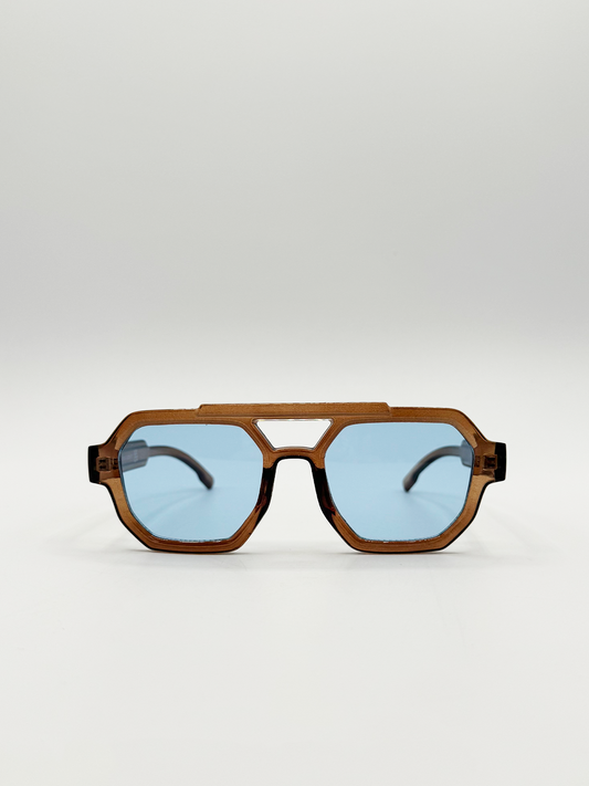Angular Navigator style sunglasses in Brown with blue Lenses
