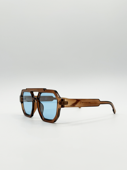 Angular Navigator style sunglasses in Brown with blue Lenses