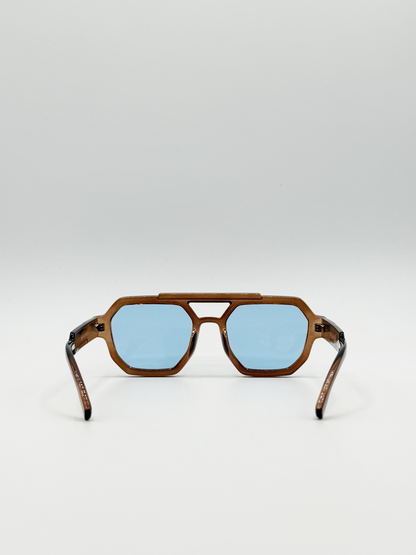 Angular Navigator style sunglasses in Brown with blue Lenses