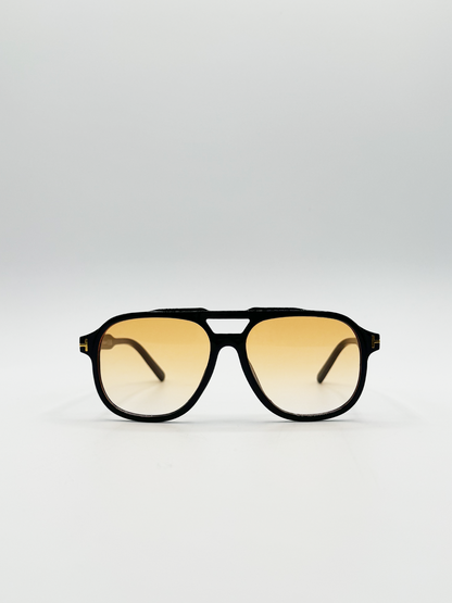 Oversized Navigator Sunglasses in Black with Orange Lenses