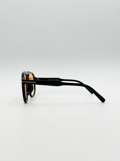 Oversized Navigator Sunglasses in Black with Orange Lenses