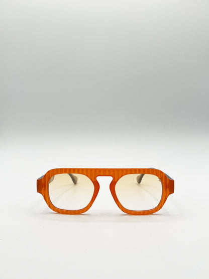 Retro Ribbed Navigator Sunglasses in Orange Grey