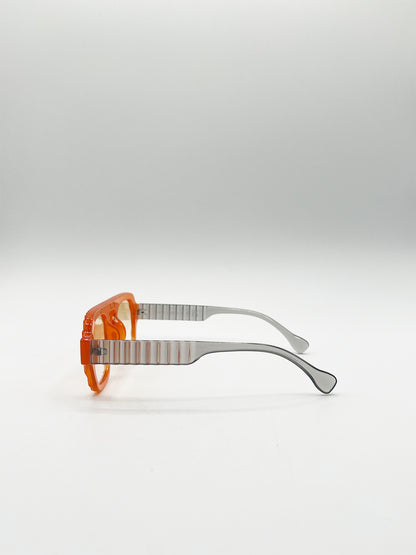 Retro Ribbed Navigator Sunglasses in Orange Grey