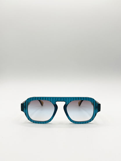 Retro Ribbed Navigator Sunglasses in Blue Green