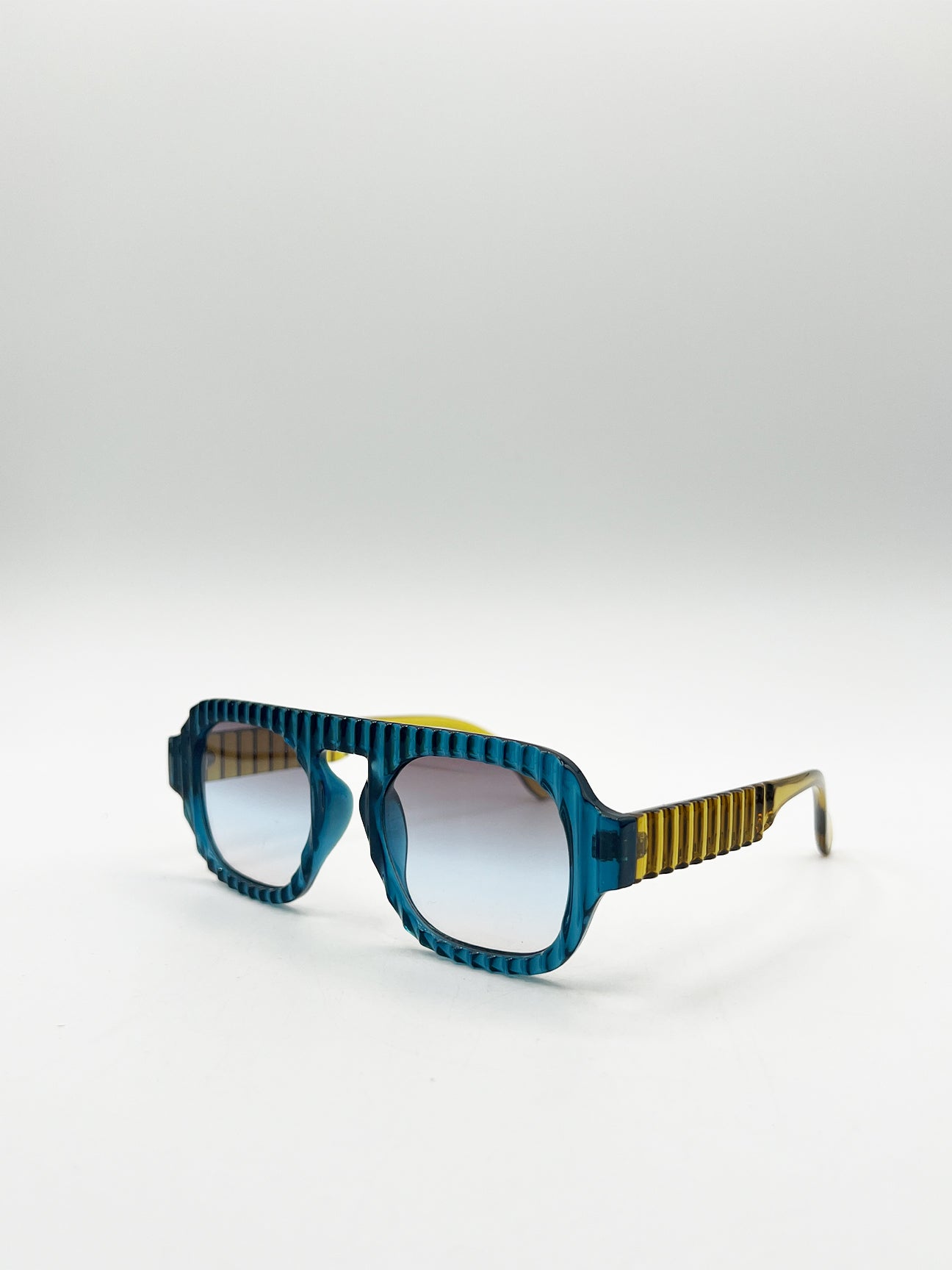 Retro Ribbed Navigator Sunglasses in Blue Green