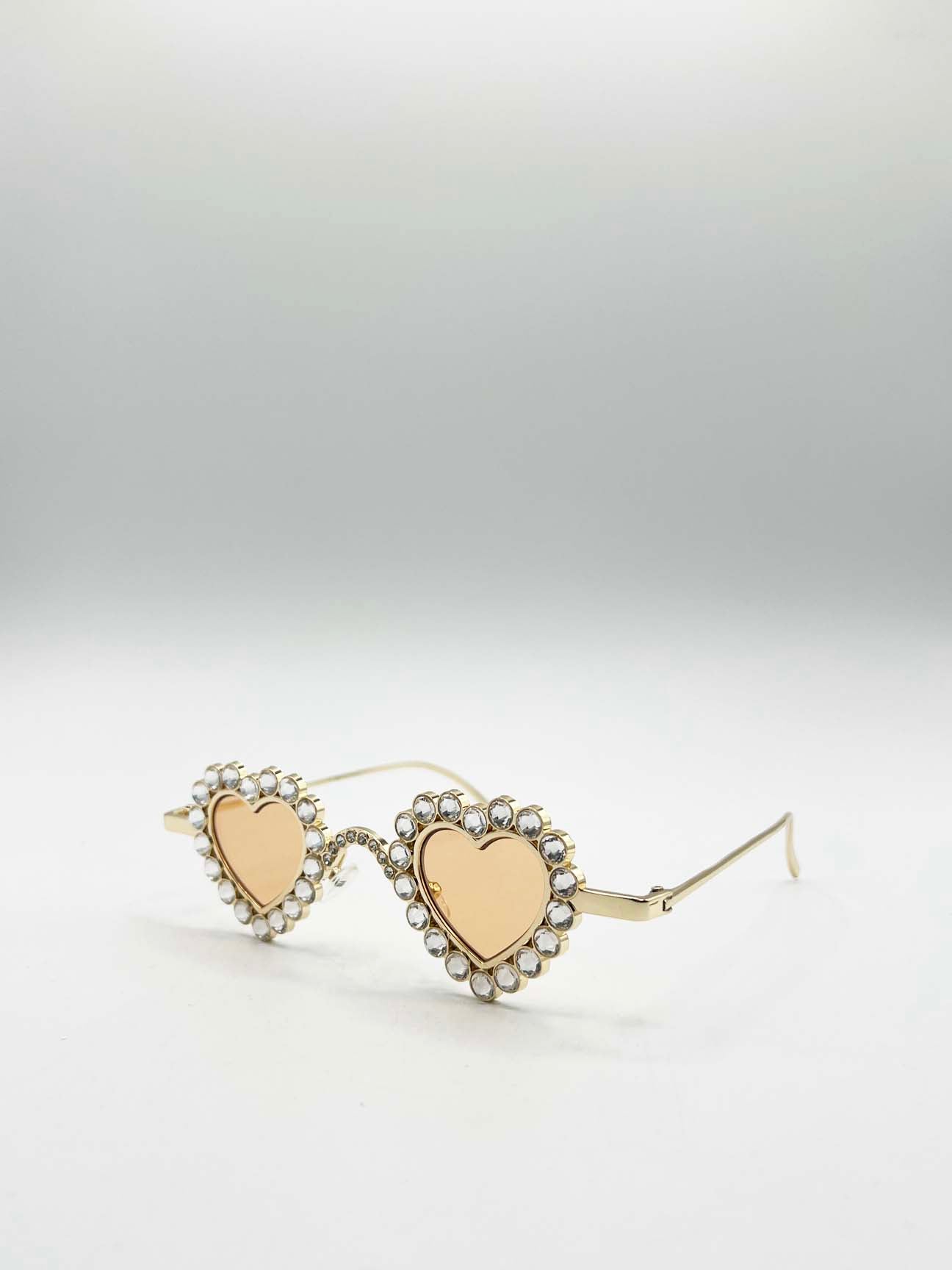 Heart Diamante Sunglasses Gold Champagne