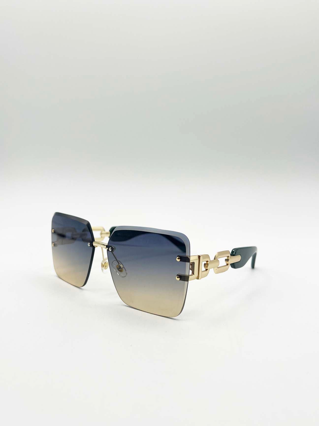 Rimless Oversized Square Sunglassses in Navy Gold