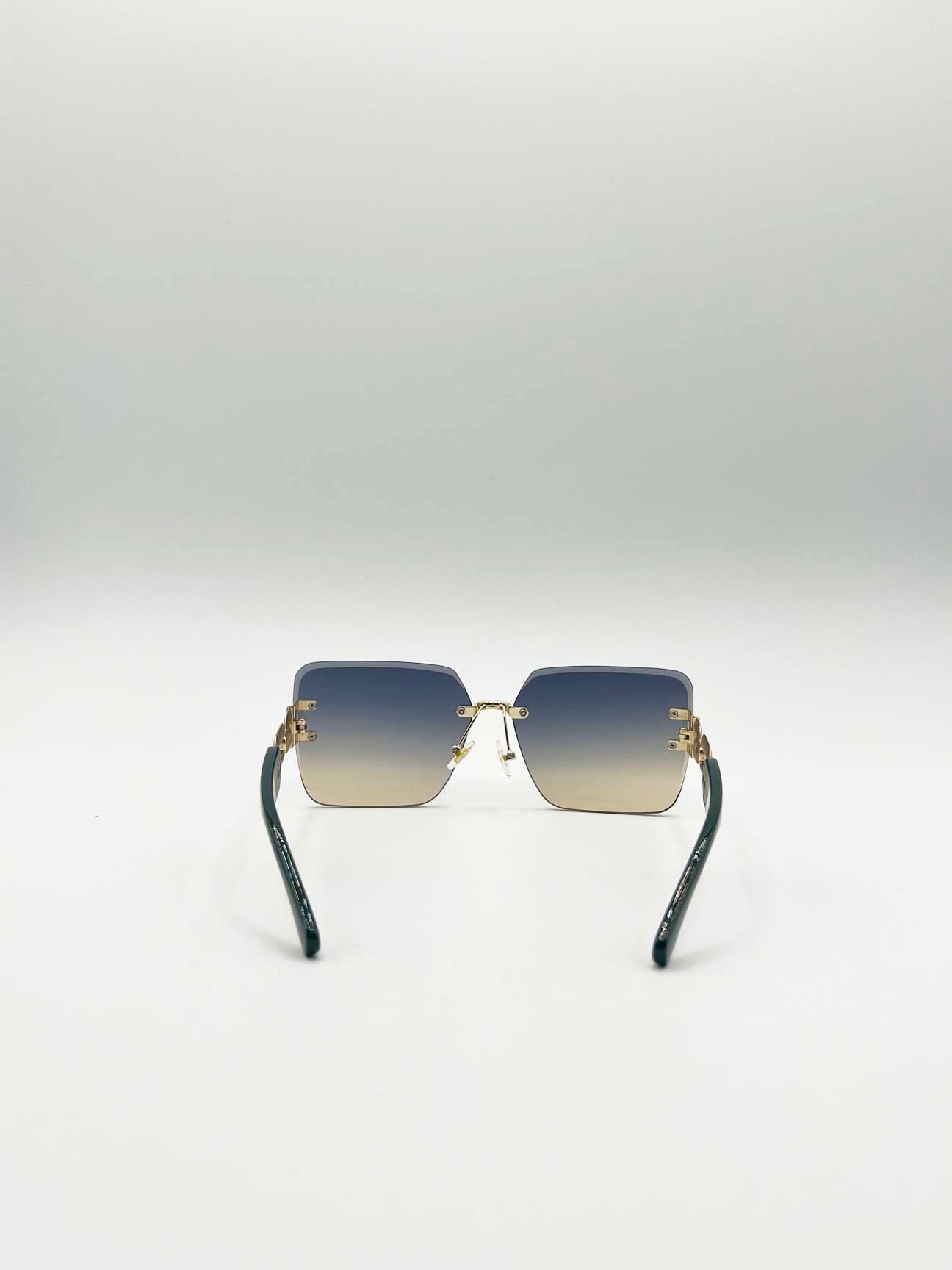 Rimless Oversized Square Sunglassses in Navy Gold