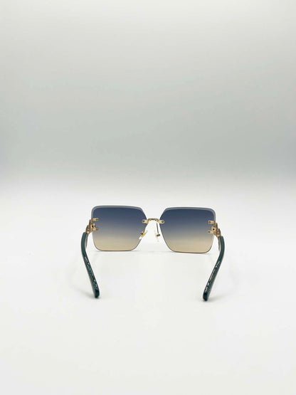 Rimless Oversized Square Sunglassses in Navy Gold