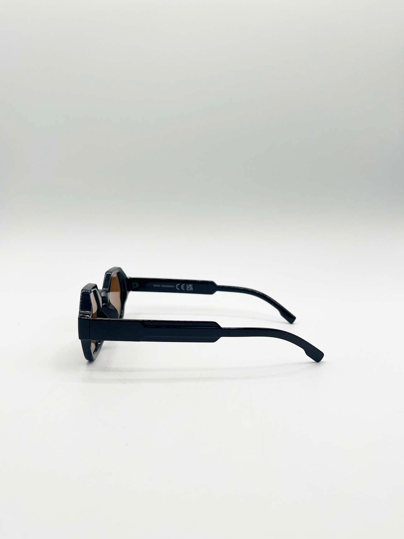 Round Hexagon Sunglasses in Black Brown