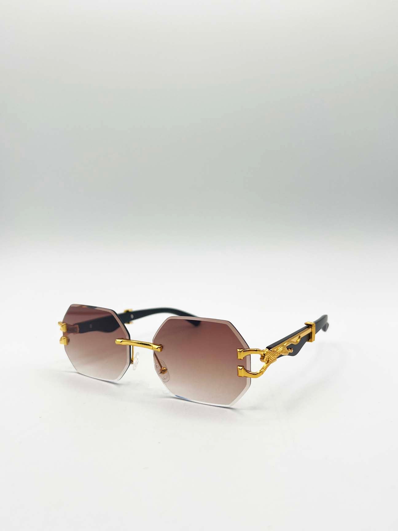 Rimless Oval Geometric Sunglasses in Gold Brown