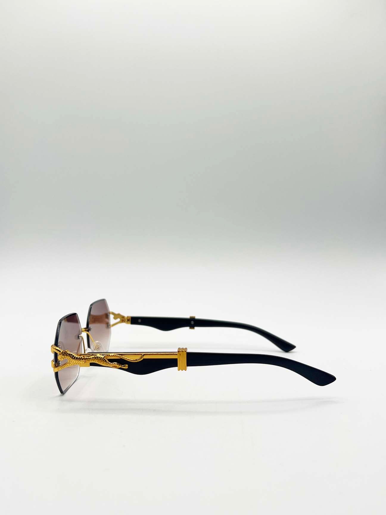 Rimless Oval Geometric Sunglasses in Gold Brown