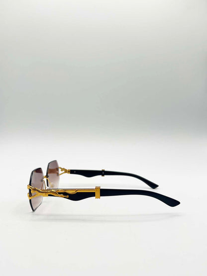 Rimless Oval Geometric Sunglasses in Gold Brown