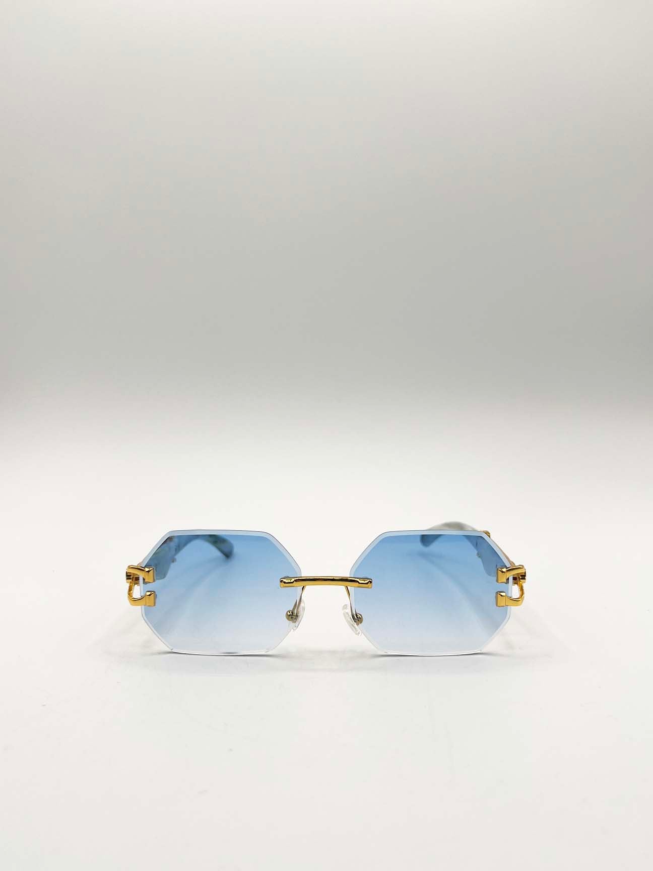 Rimless Oval Geometric Sunglasses in Gold Blue